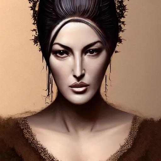 Prompt: A digital masterpiece illustration concept art of giant porcelain statue of a very beautiful Monica Bellucci, beautiful eyes, symmetrical face, symmetrical body, taiga landscape + inspired art by mark brooks + Extremely detailed and intricate complexity + epic composition, magical atmosphere, cinematic lighting + wide long shot, wide angle + trending on artstation + 8k