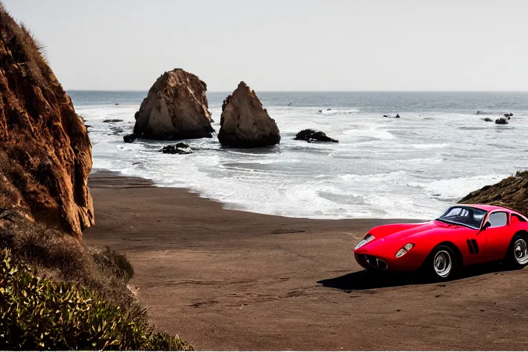 Image similar to cinematography of Ferrari 250 GTO series 2 on El Matador State Beach by Emmanuel Lubezki