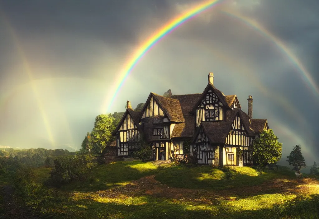 Image similar to a tudor house on a hillside, a gravel path leading towards it, well lit sky, sun shower, rainbow, cinematic view, detailed architecture, concept art, high detail, well lit, volumetric, godrays, vivid, trending on artstation,