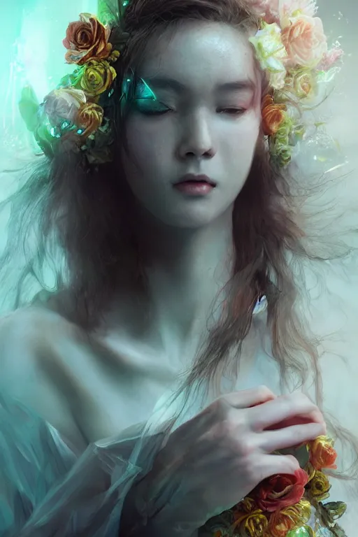 Prompt: beautiful girl necromancer exploding into flowers, 3 d render, hyper - realistic detailed portrait, holding electricity, ruan jia, wlop. scifi, fantasy, hyper detailed, octane render, concept art,