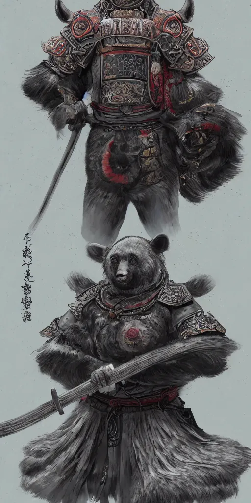 Prompt: Japanese moon bear anthropomorphized as a samurai, fantasy, intricate, highly detailed, digital painting, artstation, concept art, smooth, sharp focus, illustration