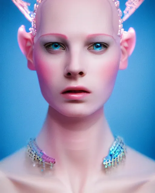 Image similar to natural light, soft focus extreme close up portrait of an android with soft synthetic pink skin, blue bioluminescent plastics, smooth shiny metal, elaborate ornate head piece, piercings, skin textures, by annie leibovitz, paul lehr