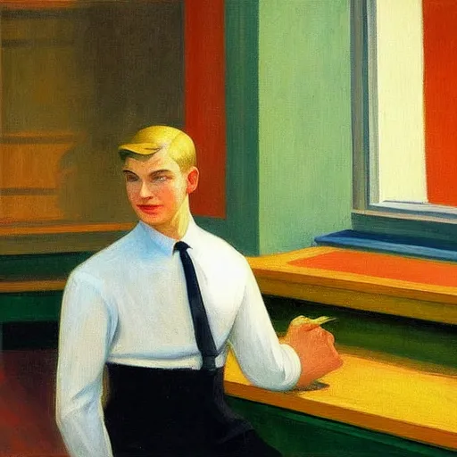 Prompt: a detailed painting, blonde man at a store, edward hopper,