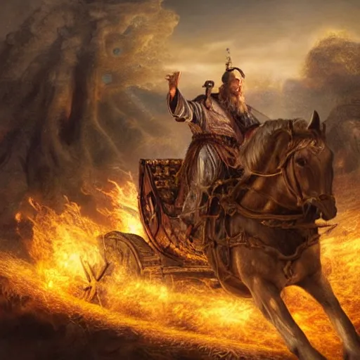 Image similar to Beautiful hyperrealistic detailed matte painting of a 60 year old man in Biblical outfit riding the carriage of an ancient chariot made of fire pulled by firey horses. nightime.