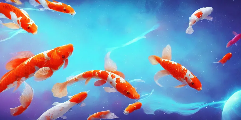 Prompt: koi fish floating in space, turquoise background, realistic detailed digital art by maxwell boas, jessica rossier, christian dimitrov, anton fadeev, trending on artstation, cgsociety, rendered in unreal engine, soft colors, 4 k, hq