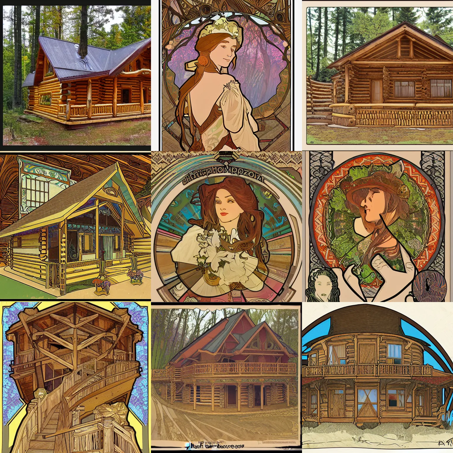 Prompt: a log cabin in the style of alphonse mucha