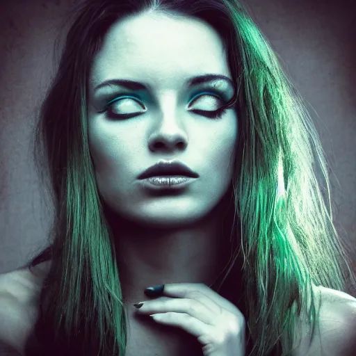 Image similar to a photo of a beautiful woman. moody and melanchony, with a little bit of tasteful cyan and green.