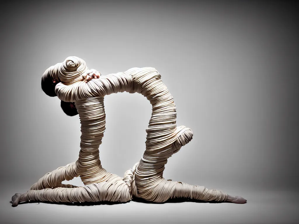 Image similar to a perfect photograph of a woman made of corrugated alabaster. she is floating, contorted and tied in a knot. she has three million legs. perfect focus, studio lighting, maglev chernobyl