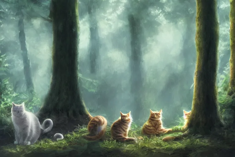 Image similar to a forest with a group of cats travelling, trending on artstation, by wayne mcloughlin, backlighting