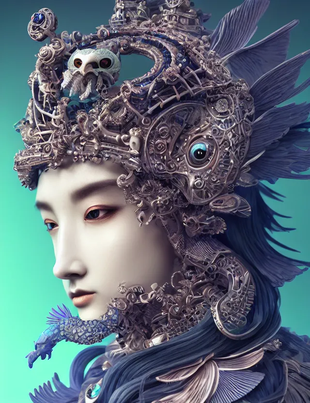 Image similar to 3 d goddess close - up profile portrait with crown, ram skull. beautiful intricately detailed cyberpunk japanese crow kitsune mask and clasical japanese kimono. betta fish, jellyfish phoenix, bio - luminescent, plasma, ice, water, wind, creature, artwork by tooth wu and wlop and beeple and greg rutkowski