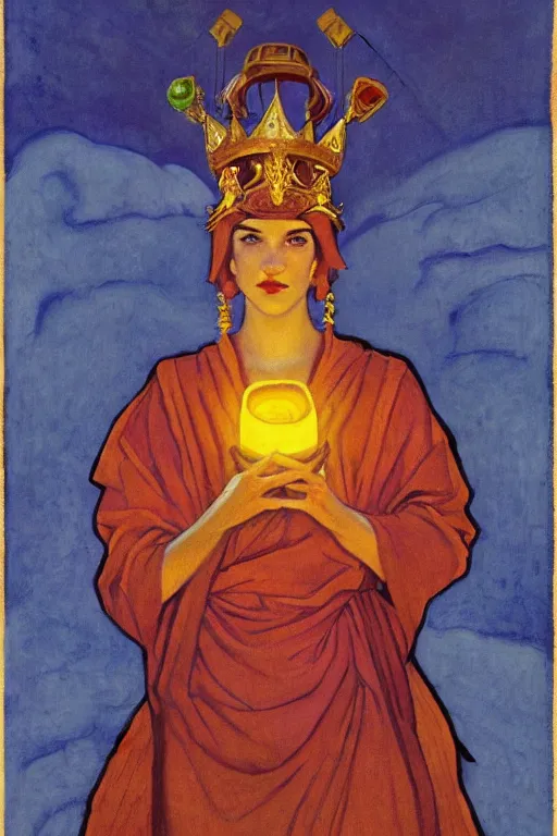 Prompt: lizard queen with her crown and lantern, by Nicholas Roerich and Annie Swynnerton, dramatic cinematic lighting , ornate headdress , flowing robes, sacred artifacts, lost civilizations, smooth, sharp focus, extremely detailed