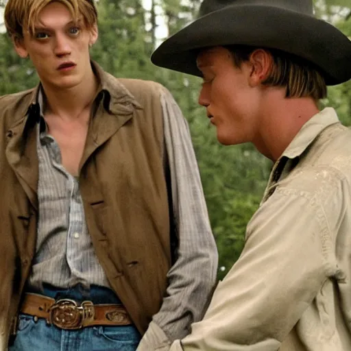 Image similar to Jamie Campbell Bower and Joseph Quinn in Brokeback Mountain (2005)