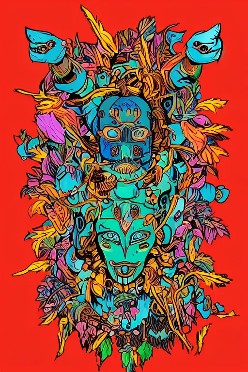 Image similar to animal mask totem roots flower tribal feather gemstone plant wood rock shaman vodoo video game vector cutout illustration vivid multicolor borderlands comics by josan gonzales and dan mumford radiating a glowing aura