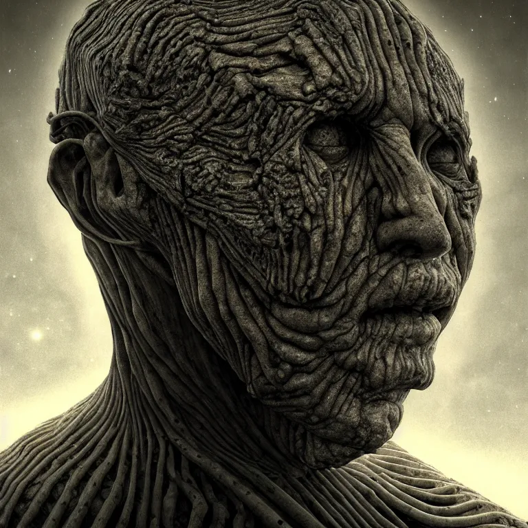 Prompt: ribbed abandoned closeup man face portrait on exoplanet, baroque painting, standing in a desolate empty wasteland, creepy, nightmare, dream-like heavy atmosphere, surreal abandoned buildings, beautiful detailed intricate insanely detailed octane render trending on Artstation, 8K artistic photography, photorealistic, chiaroscuro, Raphael, Caravaggio, Beksinski, Giger