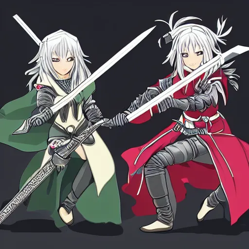 Prompt: two female knights clashing swords, detailed anime art