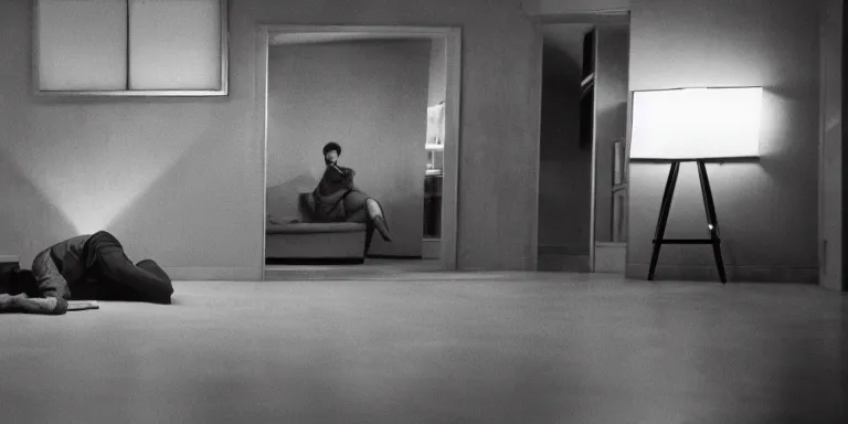 Image similar to photorealistic Cinematography of a man crying on the floor at night in a mid century modern apartment shot on film at magic hour in a room filled with volumetric haze by the shining Cinematographer john alcott on a cooke panchro 18mm lens .