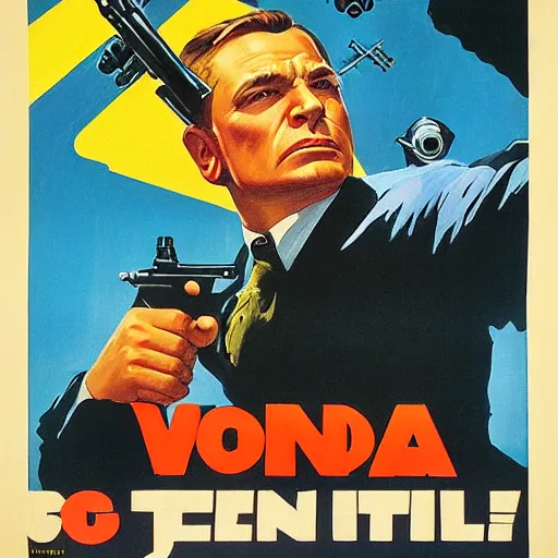 Prompt: propaganda poster of vinesauce joel pointing gun directly at camera in james bond movie, closeup of gun, visible barrel and grip by j. c. leyendecker, bosch, lisa frank, jon mcnaughton, and beksinski