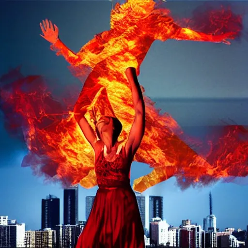 Image similar to a woman on fire, city, giant, award winning, photo manipulation, collage