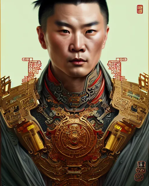 Image similar to portrait of a chinese masculine male cyberpunk machine, machine face, upper half portrait, decorated with chinese opera motifs, muscular, asian, fine china, wuxia, traditional chinese art intricate intense elegant 京 剧 highly detailed digital painting artstation concept art smooth sharp focus illustration, art by artgerm and greg rutkowski alphonse mucha 8 k