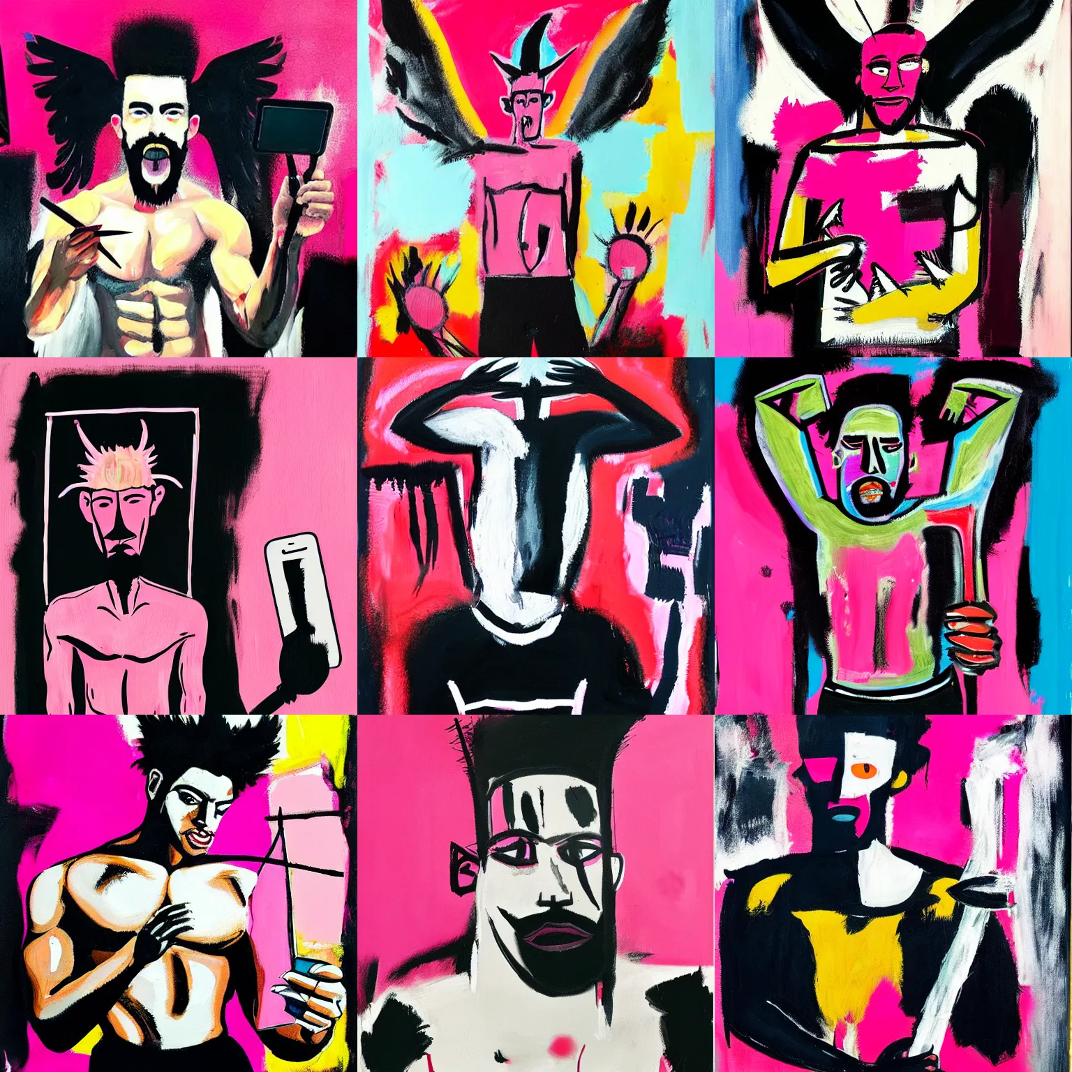 Image similar to A mirror selfie of a handsome muscular man with white angel wings and black devil horns, holding iPhone, pitchfork, pink background, abstract Basquiat oil painting with thick paint strokes