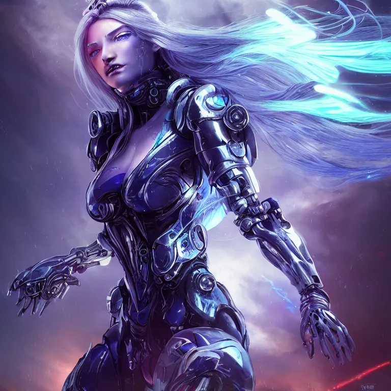 Prompt: beautiful cinematic fantasy poster, a beautiful cyberpunk cyborg female with brilliant silver flowing hair, beautiful blue glowing galaxy eyes fighting a tall black metallic mech with glowing red eyes, wideshot ultrawide angle epic scale, hybrid from The Elden Ring and art direction by Darius Zawadzki ;by artgerm; wayne reynolds art station; cinematic quality character render; low angle; ultra high quality model; production quality cinema model;