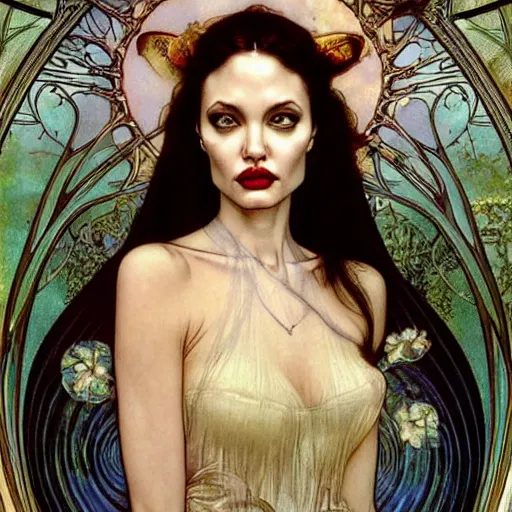 Prompt: realistic detailed face portrait of young Angelina Jolie as a beautiful ethereal Gothic Vampire Queen by Alphonse Mucha, Ayami Kojima, Amano, Charlie Bowater, Karol Bak, Greg Hildebrandt, Jean Delville, and Mark Brooks, Art Nouveau, Neo-Gothic, Surreality, gothic, rich deep moody colors