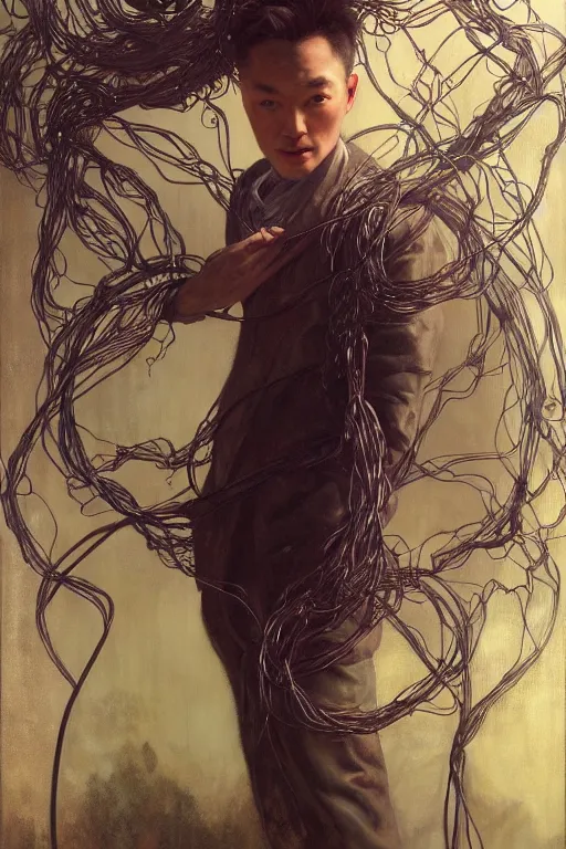 Image similar to hyperrealist portrait of elijah zu bailey, it is decorated with long wires that fall like vines and wears small computers over their body. by jeremy mann and alphonse mucha, fantasy art, photo realistic, dynamic lighting, artstation, poster, volumetric lighting, very detailed faces, 4 k, award winning