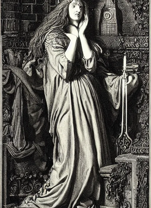 Image similar to morgan le fay and, art by frederick sandys,