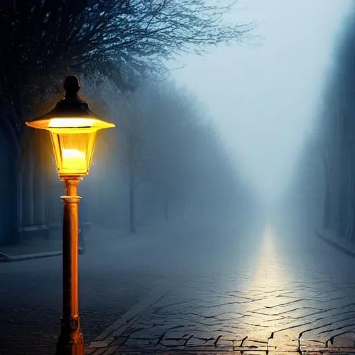 Image similar to lonely duck under a street light, foggy, beautiful lighting, high detail, by august friedrich schenck