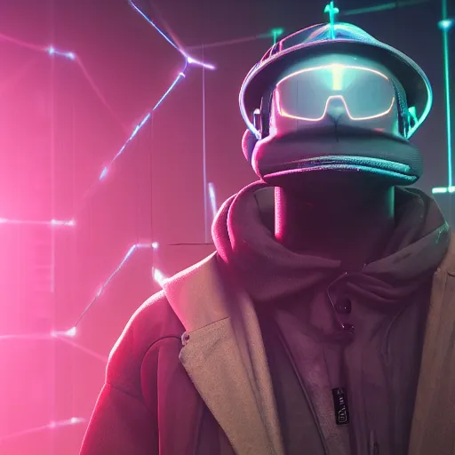Prompt: a man wearing a hat from the future, cyberpunk background, highly detailed, epic lighting, 8 k