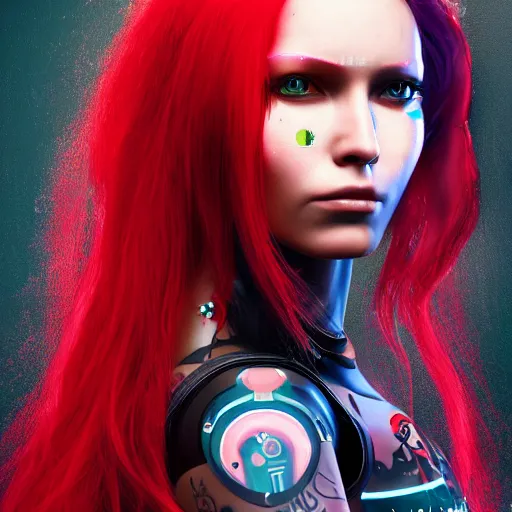 Image similar to Portrait of Robot Girl with long red hair and a tattoo in the style of the game CYBERPUNK 2077 , very beautiful Enga style, the girl is wrapped in color, photorealism