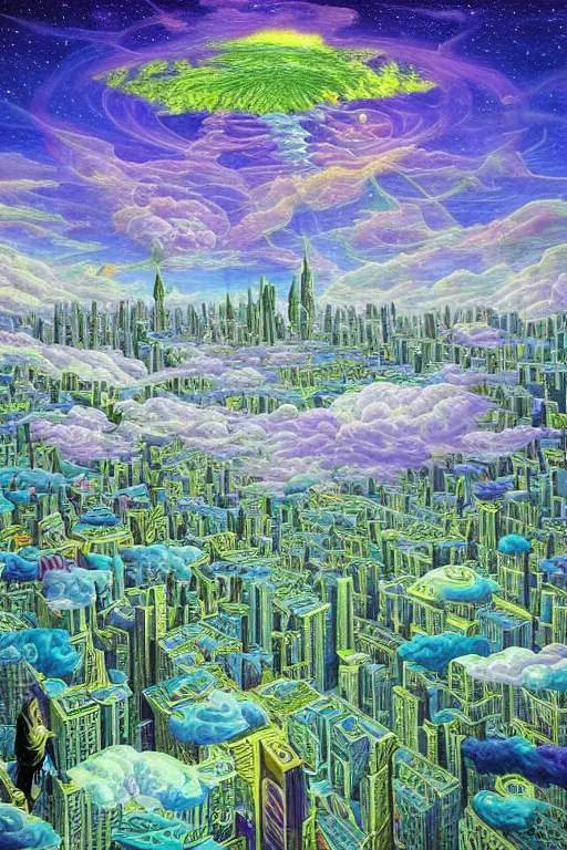 Prompt: psychdelic city dreamworld in the clouds, surrealist and abstract digital art trending on artstation by artist Rob Gonsalves and Mark Riddick supreme peace immense knowledge black green mint yellow deep lilac dmt art