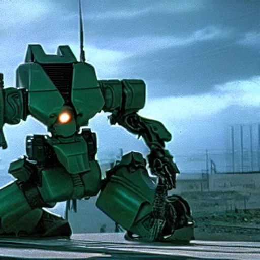 Prompt: metal gear mech, 1 9 8 7, movie still, wide shot, detailed, mechanical, dark green, dramatic lighting, 3 5 mm, film grain