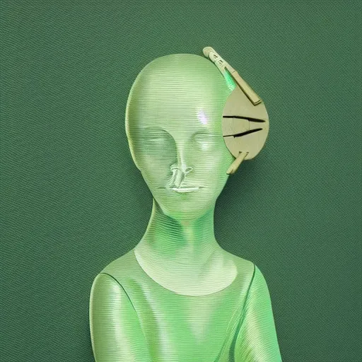Image similar to A sculpture. A rip in spacetime. Did this device in her hand open a portal to another dimension or reality?! Louis Vuitton, pastel green by Greg Girard dreadful