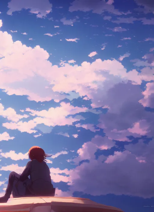 Prompt: daydreaming student, blue sky, daydreams appearing in the clouds, by makoto shinkai