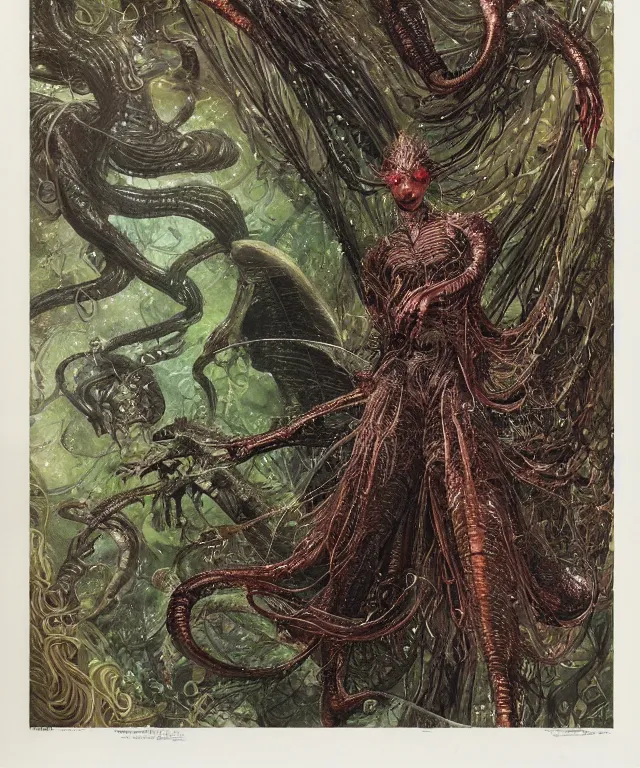 Prompt: a portrait photograph of a fierce sadie sink as a strong alien harpy queen with amphibian skin. she trying on a glowing and fiery lace shiny metal slimy organic membrane parasite latex suit and transforming into an evil insectoid snake bird. by donato giancola, walton ford, ernst haeckel, peter mohrbacher, hr giger. 8 k, cgsociety