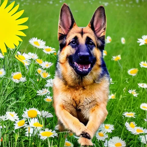 Image similar to German shepherd dog chasing a bunny in a field with daisies, trees in the distance with sun blue skies a couple of clouds