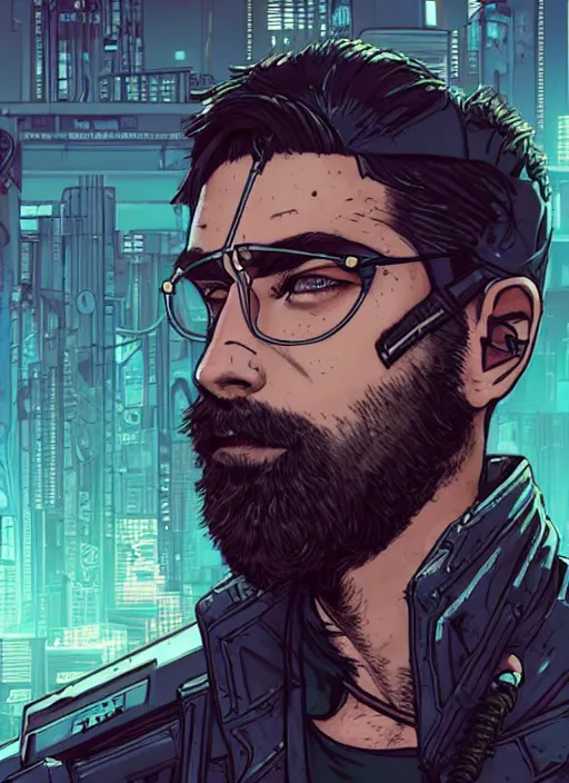 Prompt: dangerous Ezra. smug cyberpunk hacker with a beard and cyberpunk eyepiece. attractive face. Realistic Proportions. Concept art by James Gurney and Laurie Greasley. Moody Industrial skyline. ArtstationHQ. Creative character design for cyberpunk 2077.