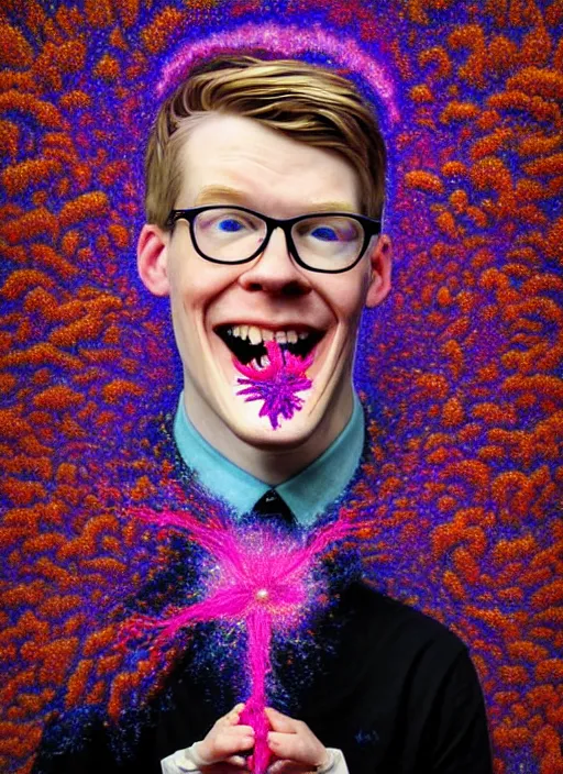 Prompt: hyper detailed 3d render like a Oil painting - friendly portrait of youtuber Hank Green in Aurora (Singer) seen Eating of the Strangling network of yellowcake aerochrome and milky Fruit and Her delicate Hands hold of gossamer polyp blossoms bring iridescent fungal flowers whose spores black the foolish stars by Jacek Yerka, Mariusz Lewandowski, Houdini algorithmic generative render, Abstract brush strokes, Masterpiece, Edward Hopper and James Gilleard, Zdzislaw Beksinski, Wolfgang Lettl, hints of Yayoi Kasuma, octane render, 8k