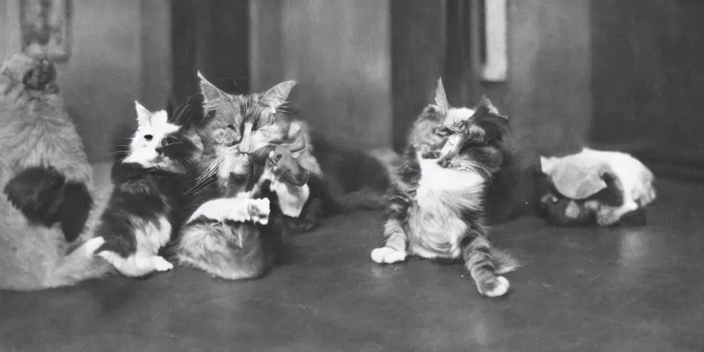 Prompt: very old black and white photo from 1898, film grain, a very serious professor cat is trying to teach the meaning of the universe to a room full of idiot dogs funny