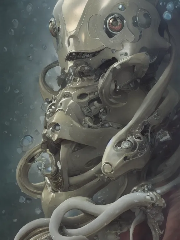 Prompt: Full shot of a 1970s squid monster astronaut defined facial features, symmetrical facial features. By Ruan Jia and Artgerm and Range Murata and WLOP and Ross Tran and William-Adolphe Bouguereau. Key Art. Fantasy Illustration. award winning, Artstation, intricate details, realistic, Hyperdetailed, 8k resolution.