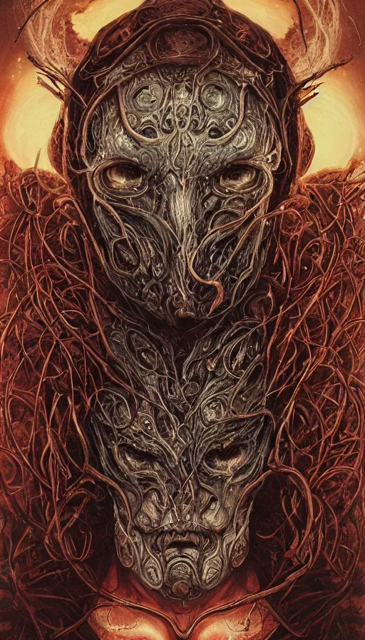 Prompt: Elden Ring and Doom themed painting of beautiful angellic symmetrical face mask pattern concept, infinity glyph, intricate artwork by, Johnatan Wayshak, Zdizslaw Beksinski, Ayami Kojima, Amano, Karol Bak, Greg Hildebrandt, and Mark Brooks, Neo-Gothic, gothic, rich deep colors, art by Takato Yamamoto, masterpiece, face by Artgerm, H.R. Giger, very coherent artwork, cinematic, hyper realism, high detail, octane render, unreal engine, 8k, High contrast, golden ratio, trending on cgsociety, ultra high quality model, production quality cinema model