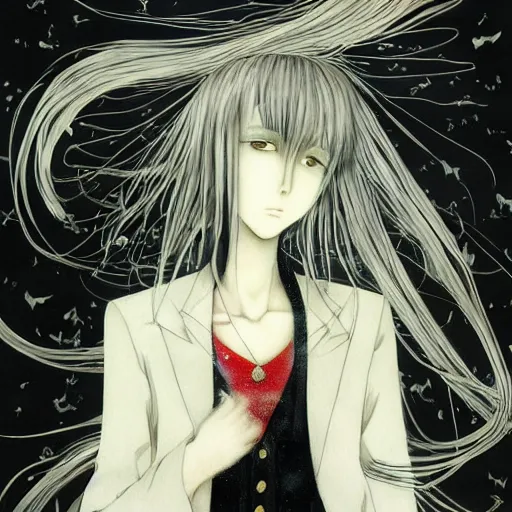 Image similar to yoshitaka amano blurred and dreamy realistic illustration of an anime girl with black eyes, wavy white hair fluttering in the wind wearing dress suit with tie, junji ito abstract patterns in the background, satoshi kon anime, noisy film grain effect, highly detailed, renaissance oil painting, weird portrait angle, blurred lost edges, three quarter view