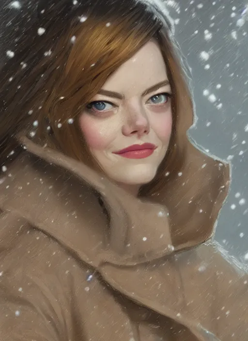 Image similar to emma stone in beige coat, close up portrait, winter new york, snow, artwork by gaston bussiere, craig mullins, trending on artstation