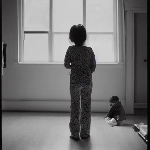 Image similar to a woman from behind, eye-level shot, in a dimly lit room, looking at her child playing with toys, the scene is lit by a small window to the right of the woman, cinestill 800t, dark atmosphere