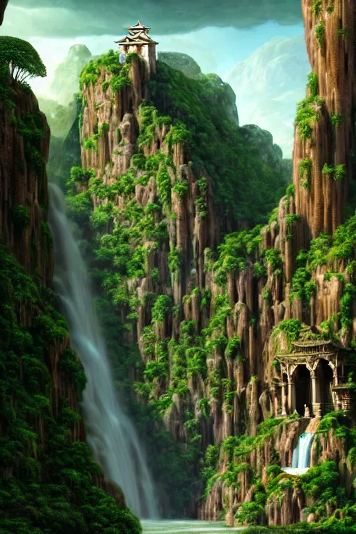 Prompt: carved into a Mountain a temple above a waterfall, giant intricate statues of people, arches, pillars, archways, trees, lush vegetation, forrest, a small stream runs beneath a waterfall, landscape, raphael lacoste, eddie mendoza, alex ross, concept art, matte painting, highly detailed, rule of thirds, dynamic lighting, cinematic, detailed, denoised, centerd