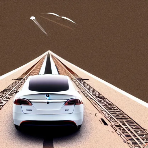 Prompt: elon musk sitting in a tesla driving to mars on a train track, 4 k, detailed, realistic,