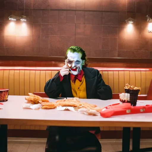 Image similar to cinematic shot of the joker sitting at a table in a popeyes restaurant and eating chicken tenders, 8 k, very detailed, very intricate,
