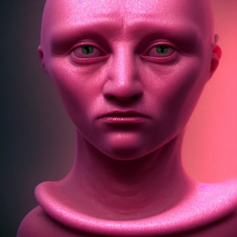 Prompt: closeup portrait of a ribbed pink alien by hieronymus bosch, soft glow bloom lucid dream - like ethereal atmosphere, baroque portrait painting, perfect composition, beautiful intricate detailed octane render trending on artstation, 8 k artistic photography, volumetric cinematic perfect light, chiaroscuro, masterpiece, raphael, caravaggio, rutkowski, beeple, beksinski