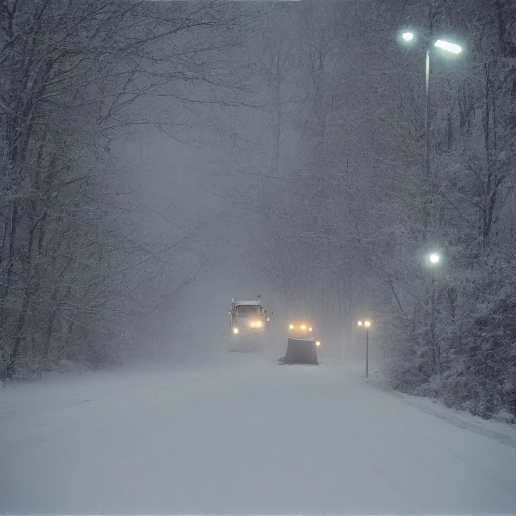 Image similar to photo, big snow plow truck is in the distance with a bright headlighta. cold color temperature, snow storm. hazy atmosphere. humidity haze. kodak ektachrome, greenish expired film, award winning, low contrast,